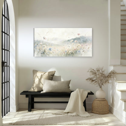 Watercolor wildflower meadow painting canvas wall art in an entryway above a bench