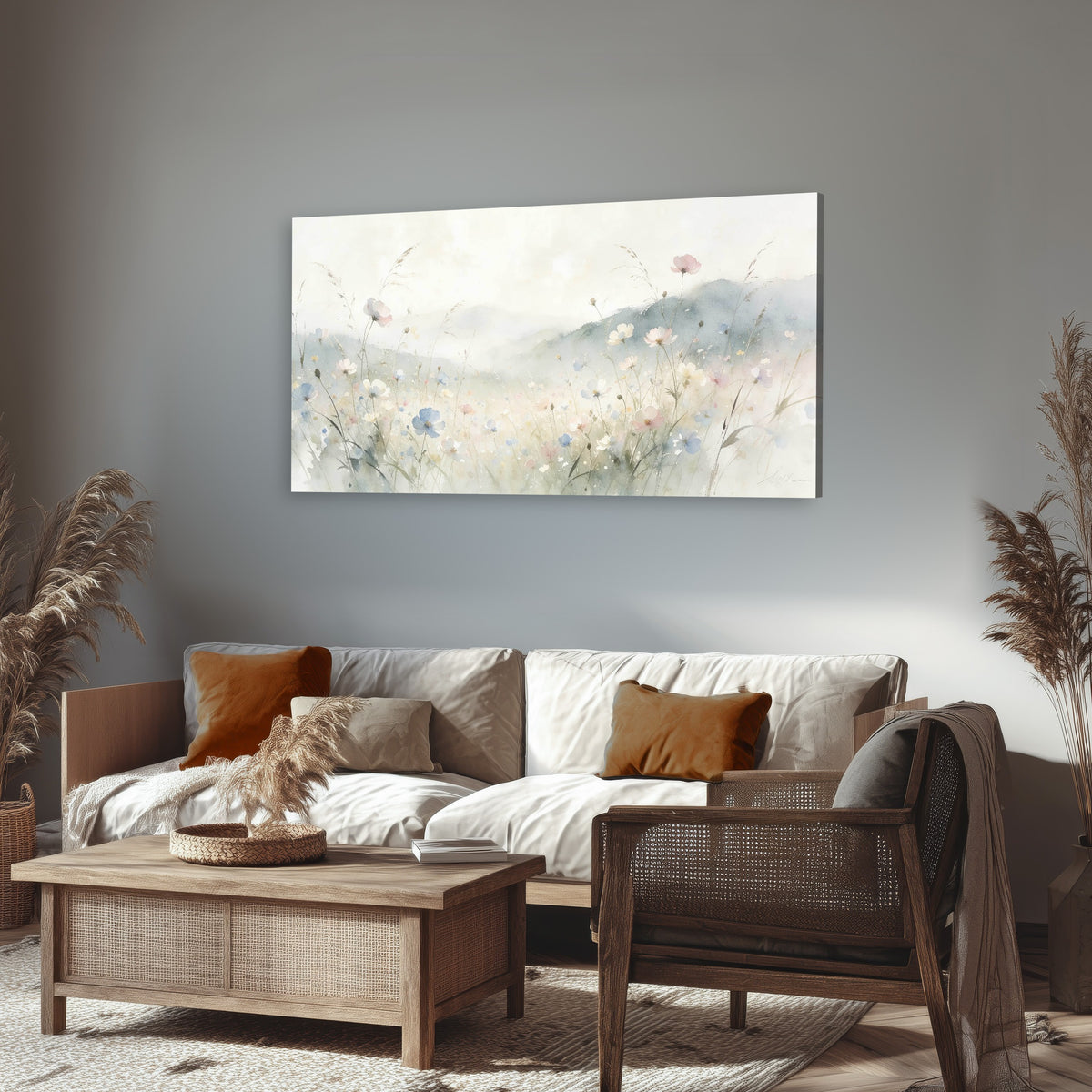 Watercolor wildflower meadow painting canvas wall art in a rustic living room