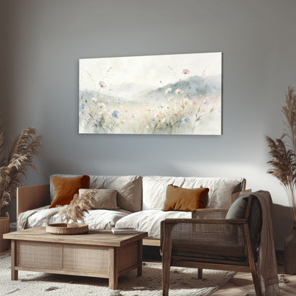 Watercolor wildflower meadow painting canvas wall art in a rustic living room