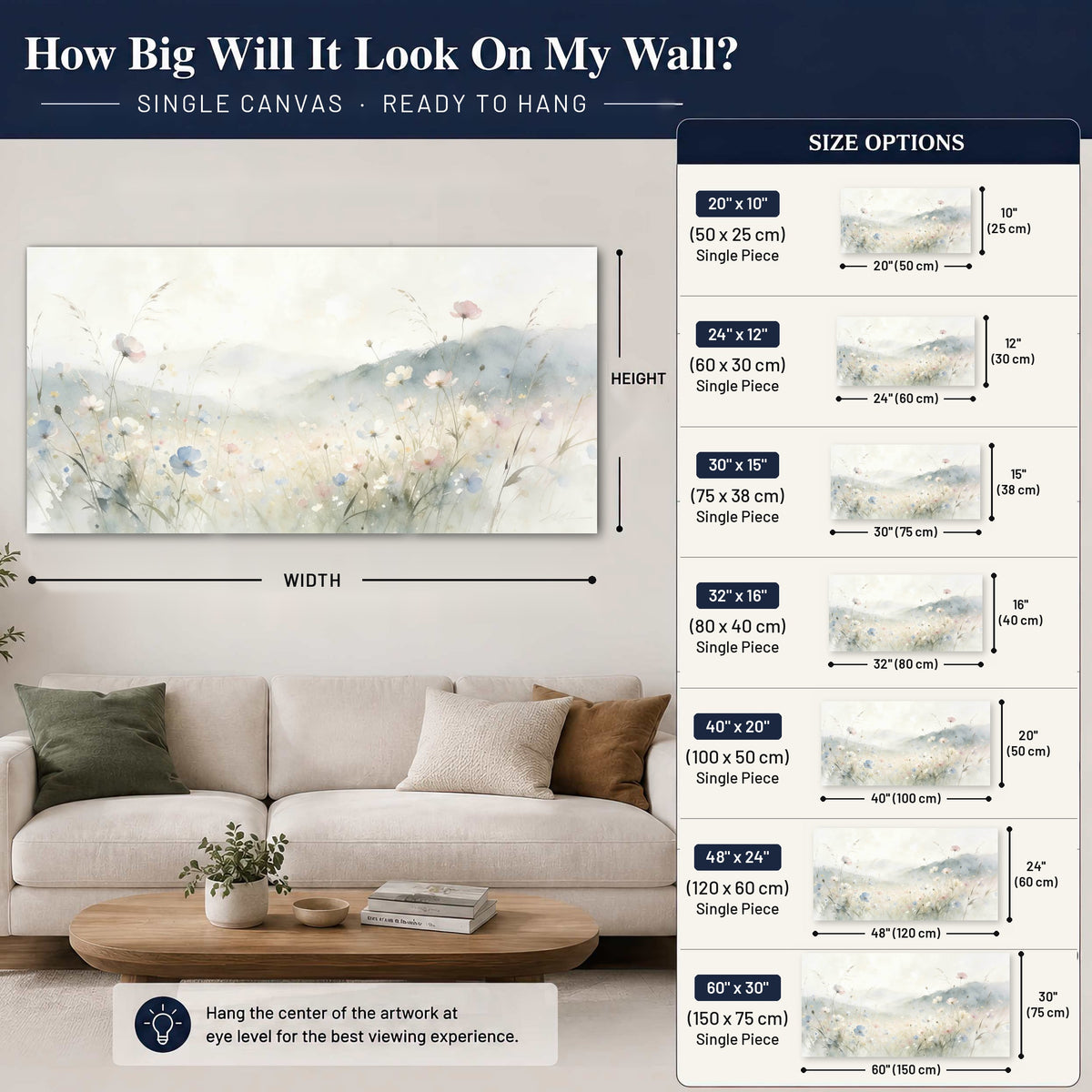 Watercolor wildflower meadow painting canvas wall art size guide above a sofa