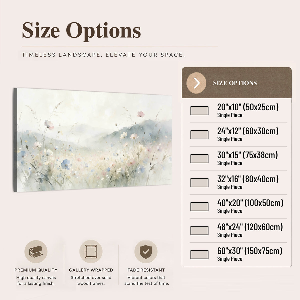 Watercolor wildflower meadow painting canvas wall art size options