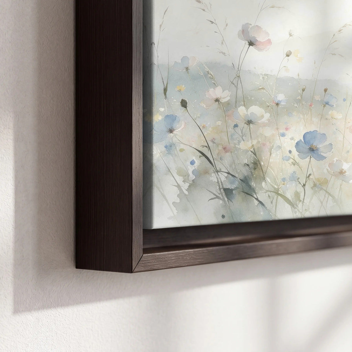 Watercolor wildflower meadow painting framed canvas close-up showing the floating frame