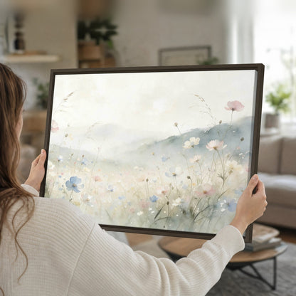 Watercolor wildflower meadow painting framed canvas held in hands