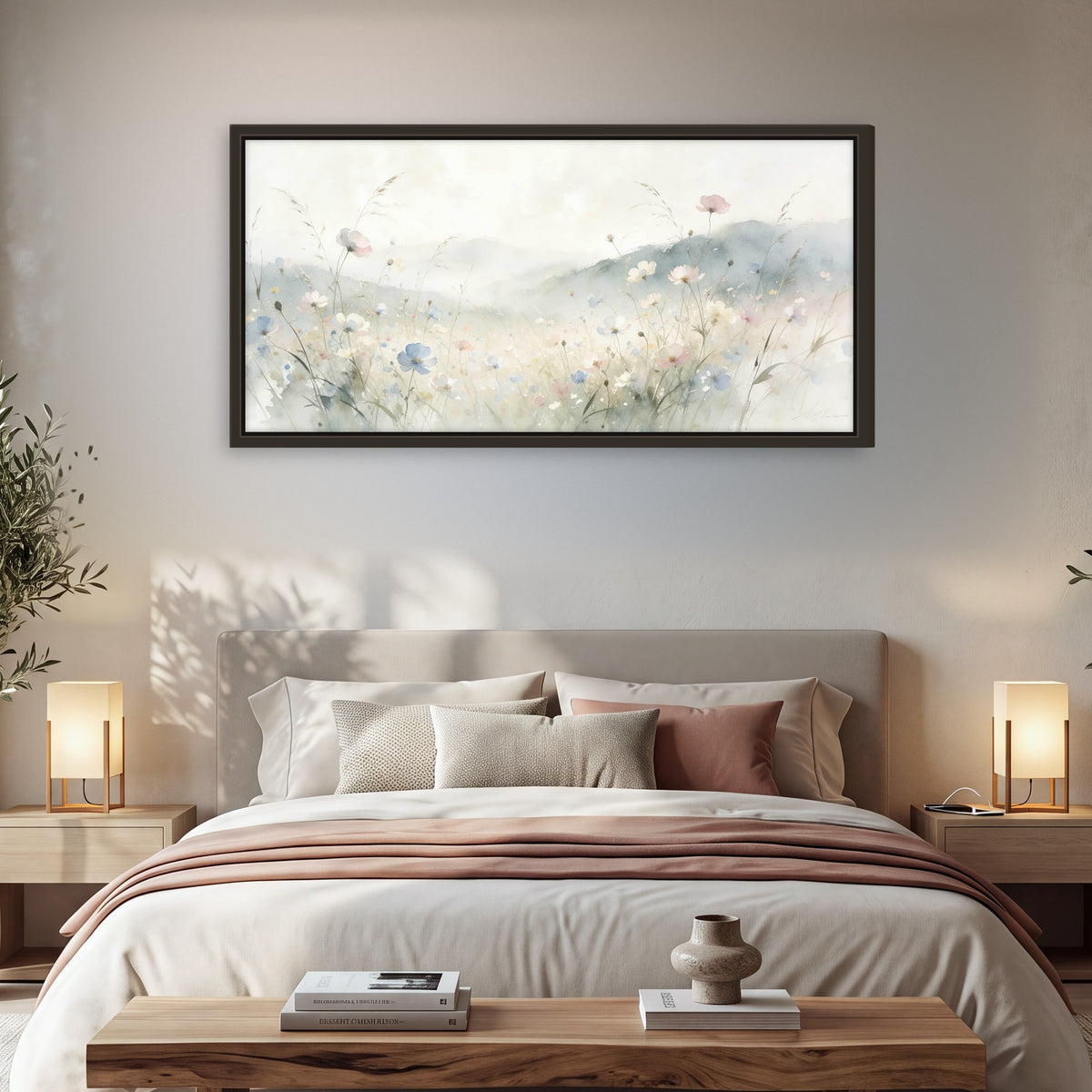 Watercolor wildflower meadow painting framed canvas wall art in a bedroom above the bed