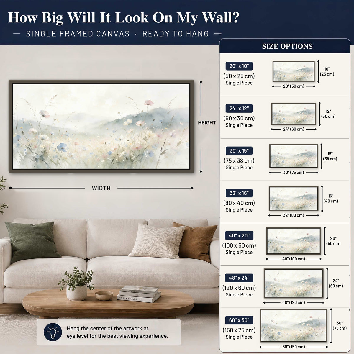 Watercolor wildflower meadow painting framed canvas wall art size guide above a sofa