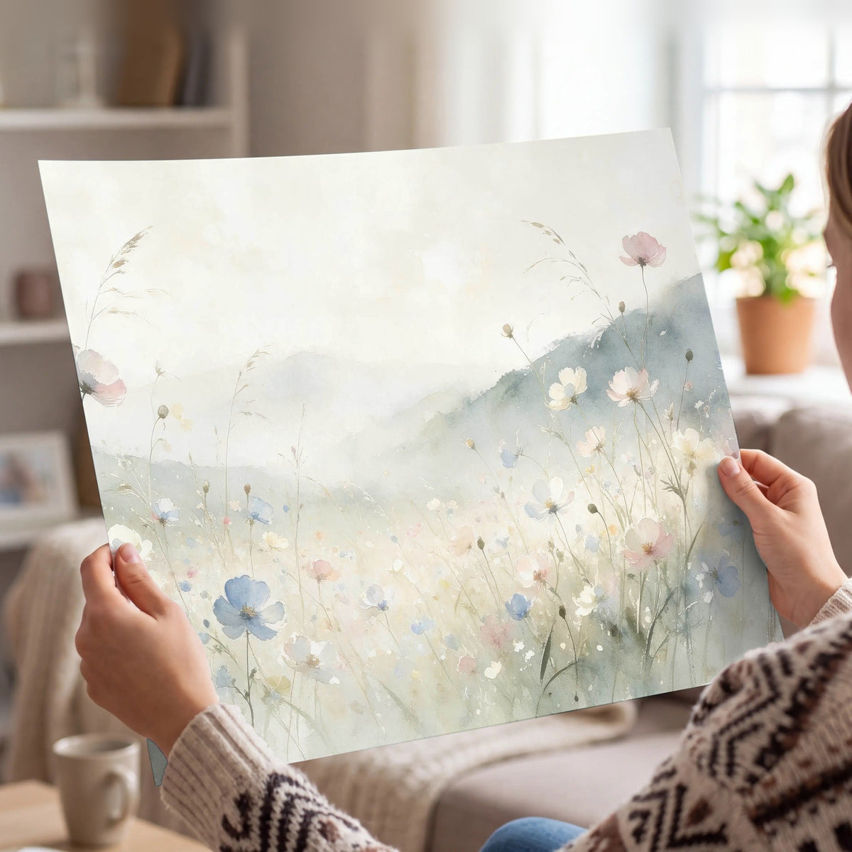 Watercolor wildflower meadow painting poster print held in hands