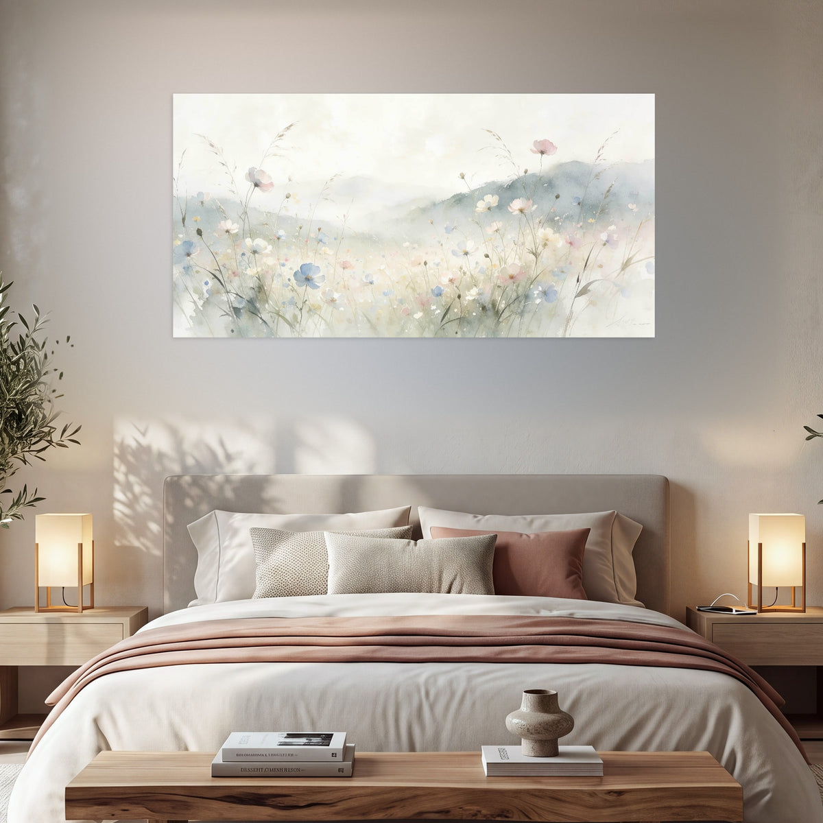 Watercolor wildflower meadow painting poster print in a bedroom above the bed