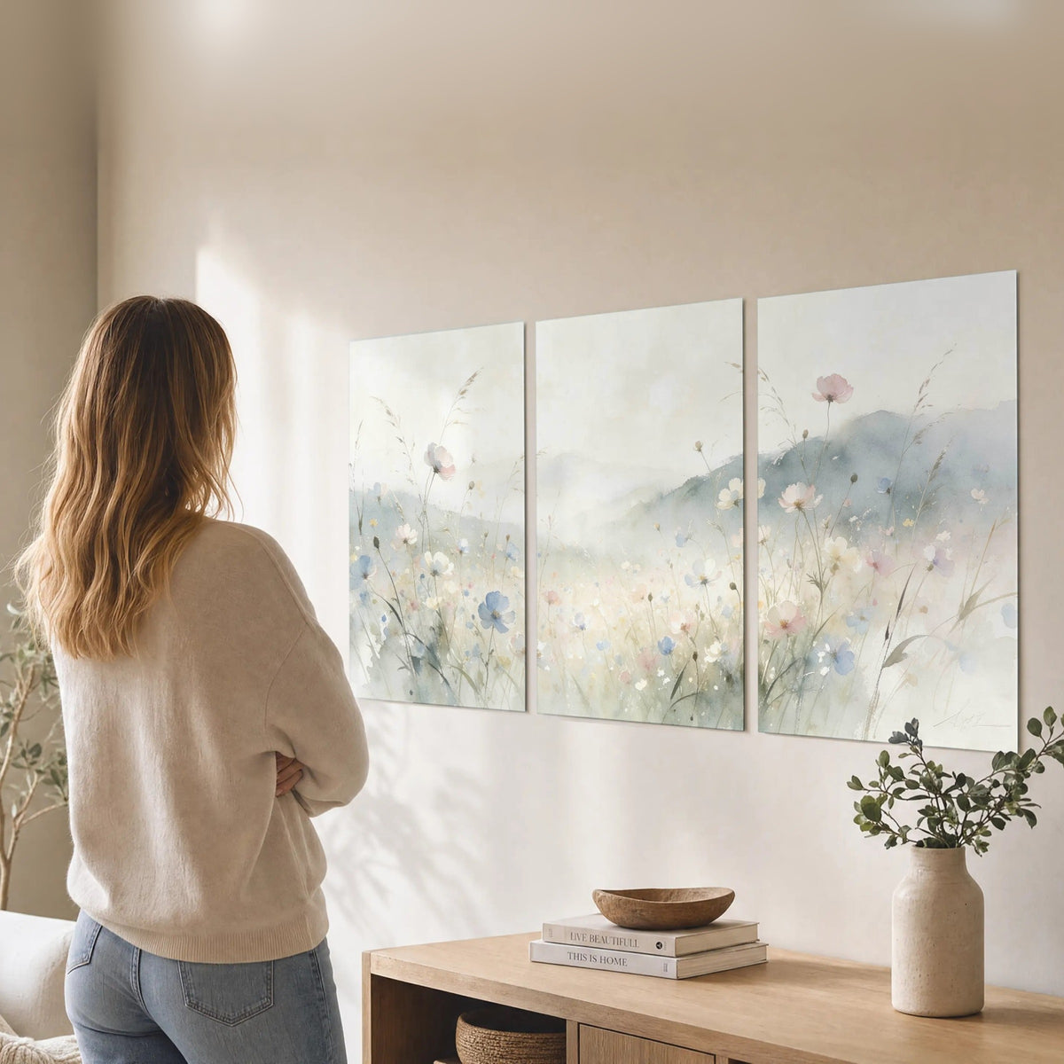 Watercolor wildflower meadow painting set of 3 poster prints in a living room