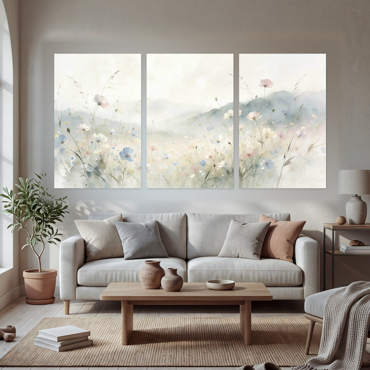 Watercolor wildflower meadow painting set of 3 poster prints in a bright living room