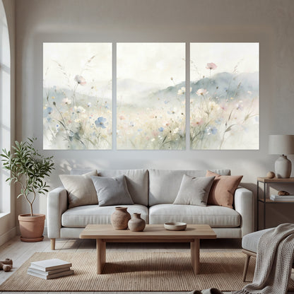 Watercolor wildflower meadow painting set of 3 poster prints in a bright living room