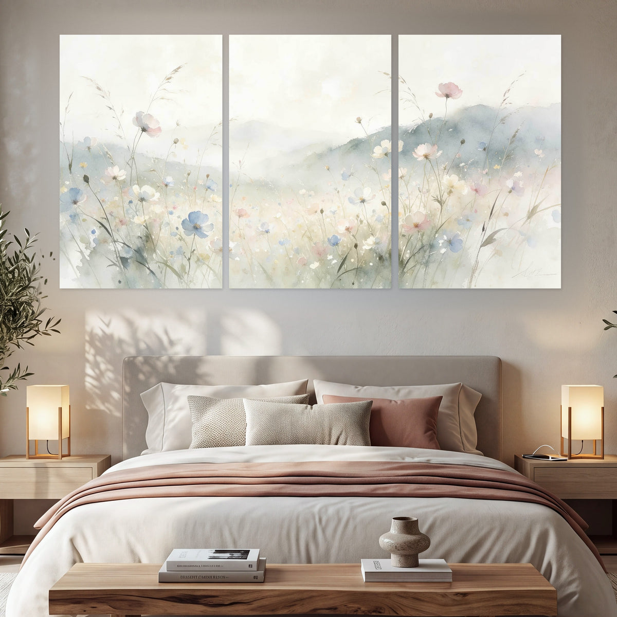Watercolor wildflower meadow painting set of 3 poster prints in a bedroom above the bed