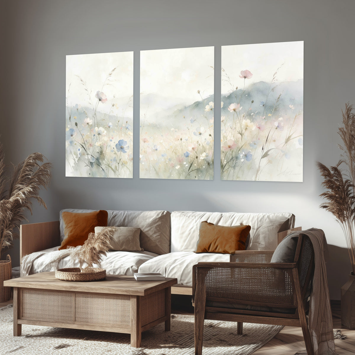 Watercolor wildflower meadow painting set of 3 poster prints in a rustic living room