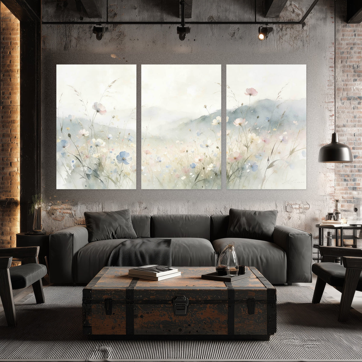 Watercolor wildflower meadow painting set of 3 poster prints in an industrial loft