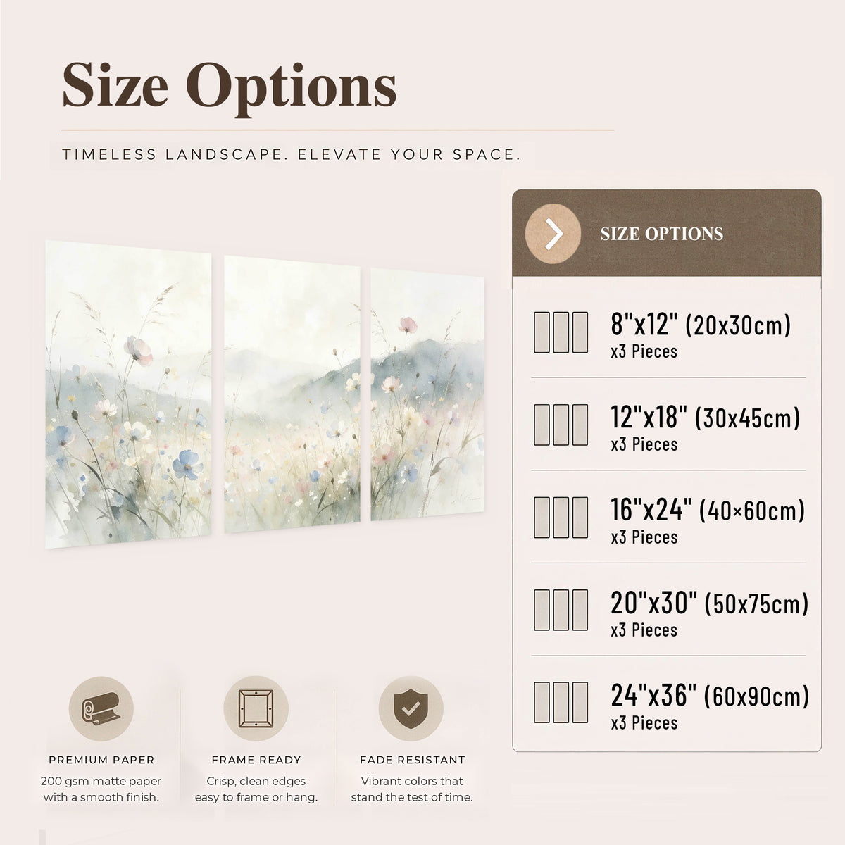 Watercolor wildflower meadow painting set of 3 poster prints size options