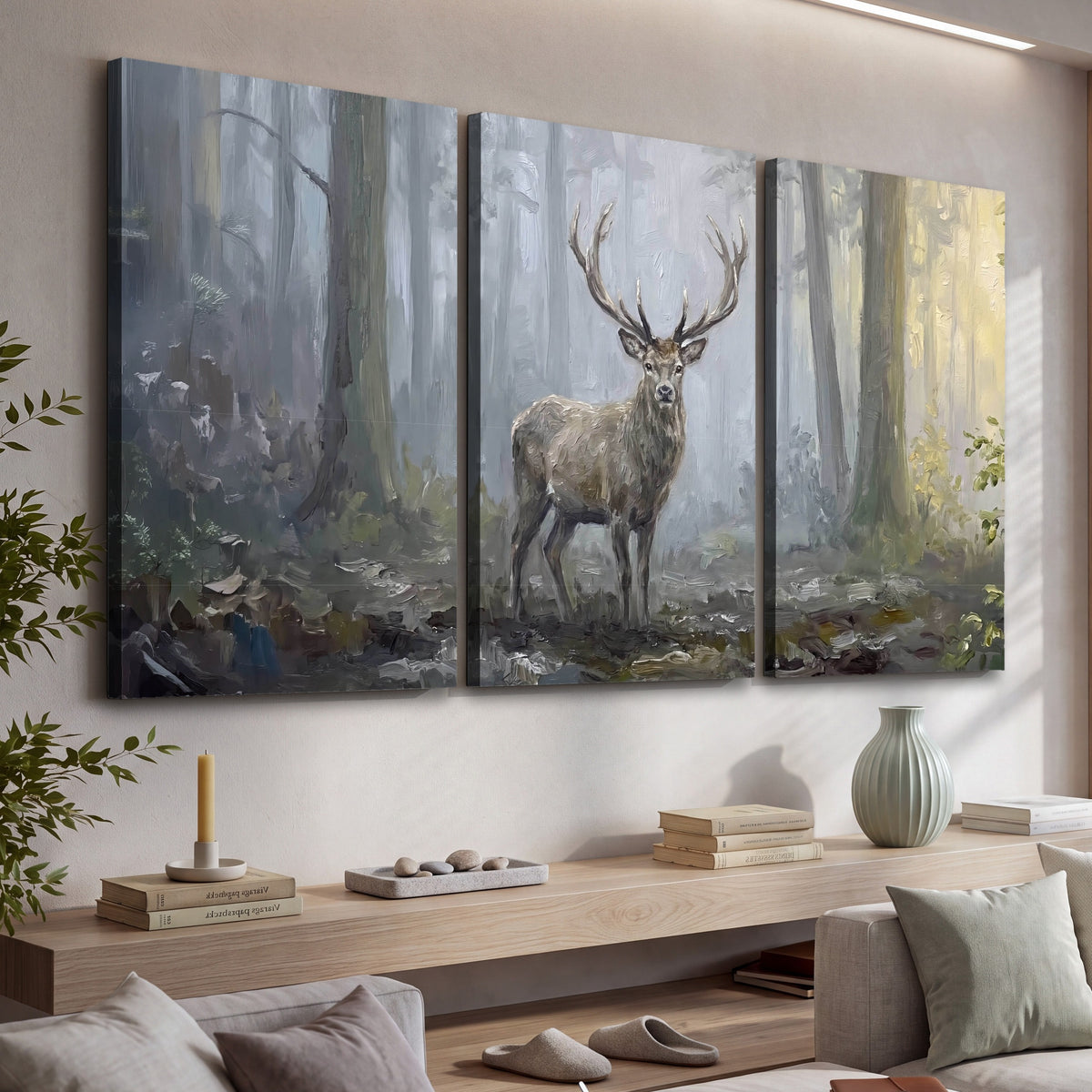 Stag in misty forest painting 3 piece canvas wall art in a living room above a console