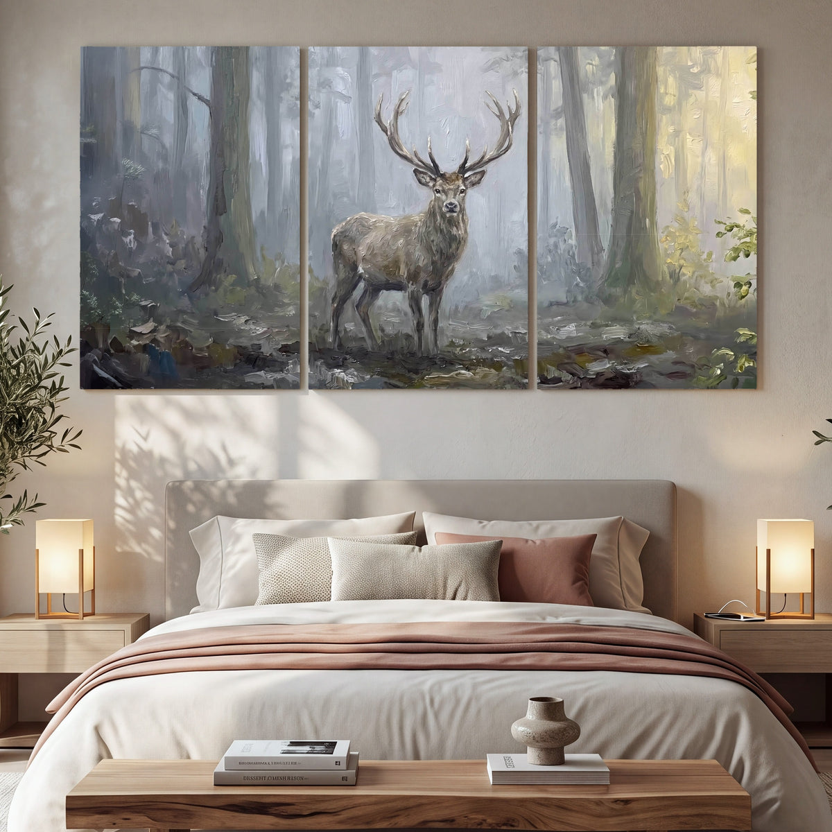 Stag in misty forest painting 3 piece canvas wall art in a bedroom above the bed