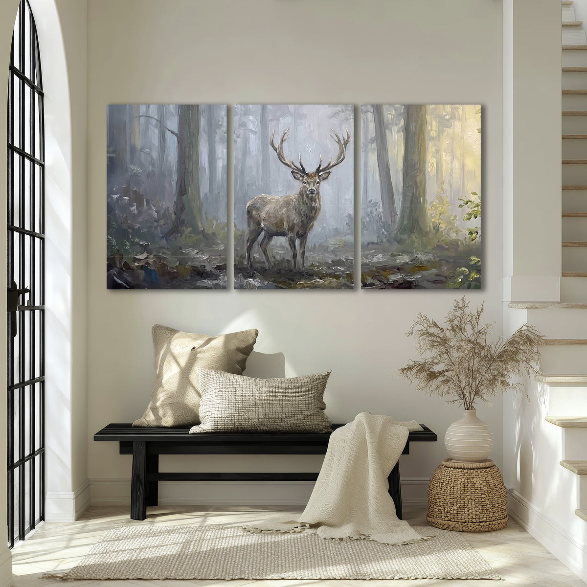 Stag in misty forest painting 3 piece canvas wall art in an entryway above a bench