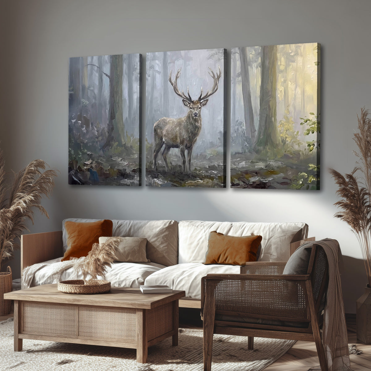 Stag in misty forest painting 3 piece canvas wall art in a rustic living room