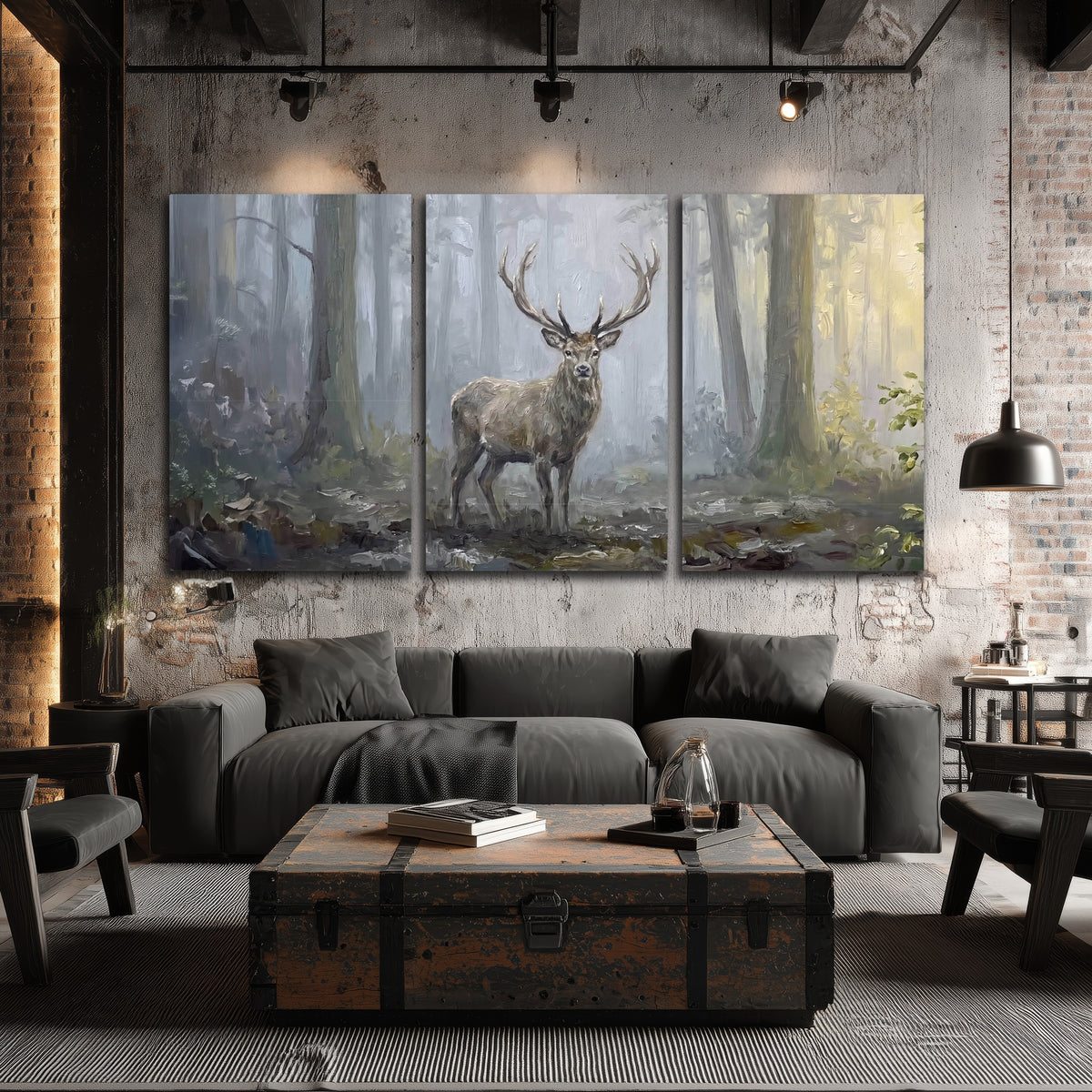 Stag in misty forest painting 3 piece canvas wall art in an industrial loft