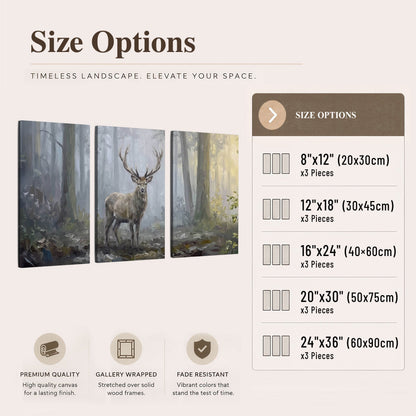 Stag in misty forest painting 3 piece canvas wall art size options