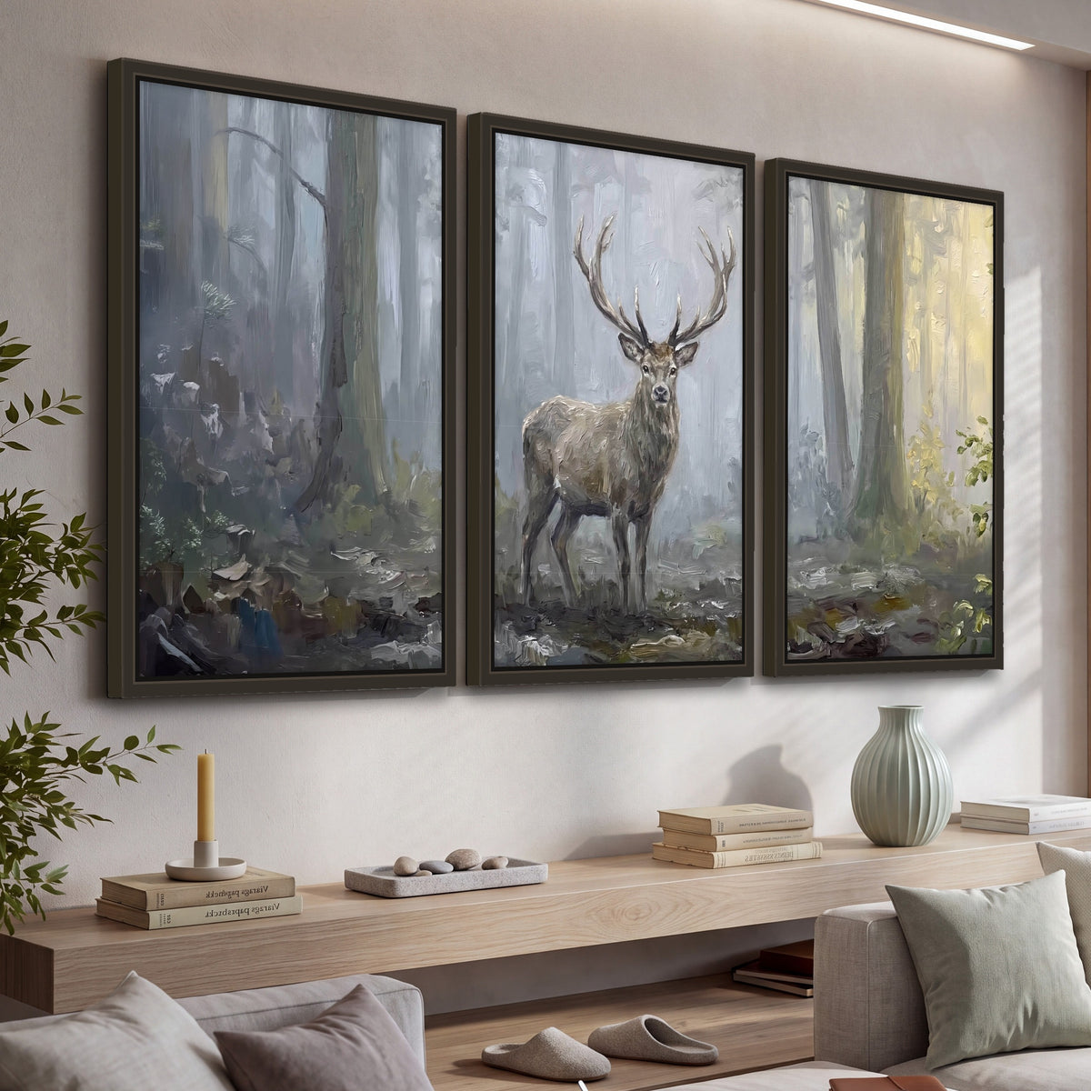 Stag in misty forest painting 3 piece framed canvas in a living room above a console
