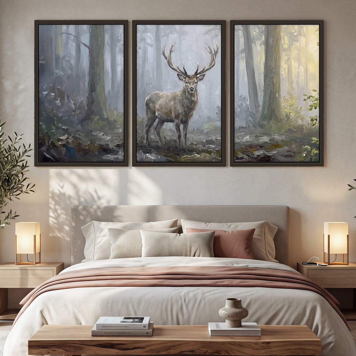 Stag in misty forest painting 3 piece framed canvas in a bedroom above the bed