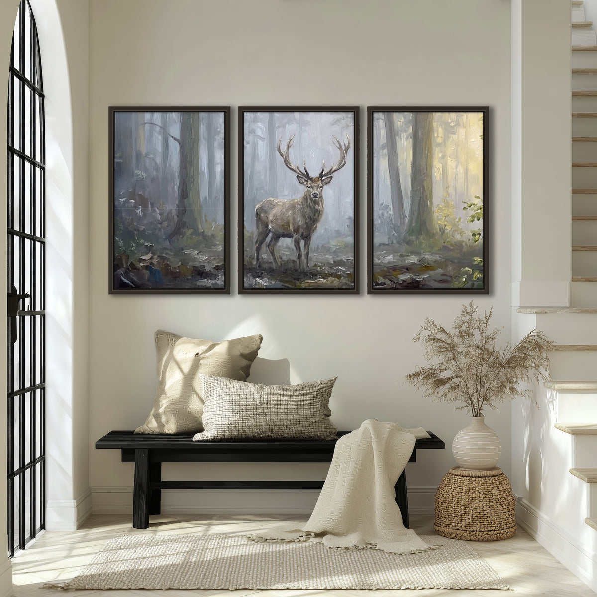Stag in misty forest painting 3 piece framed canvas in an entryway above a bench