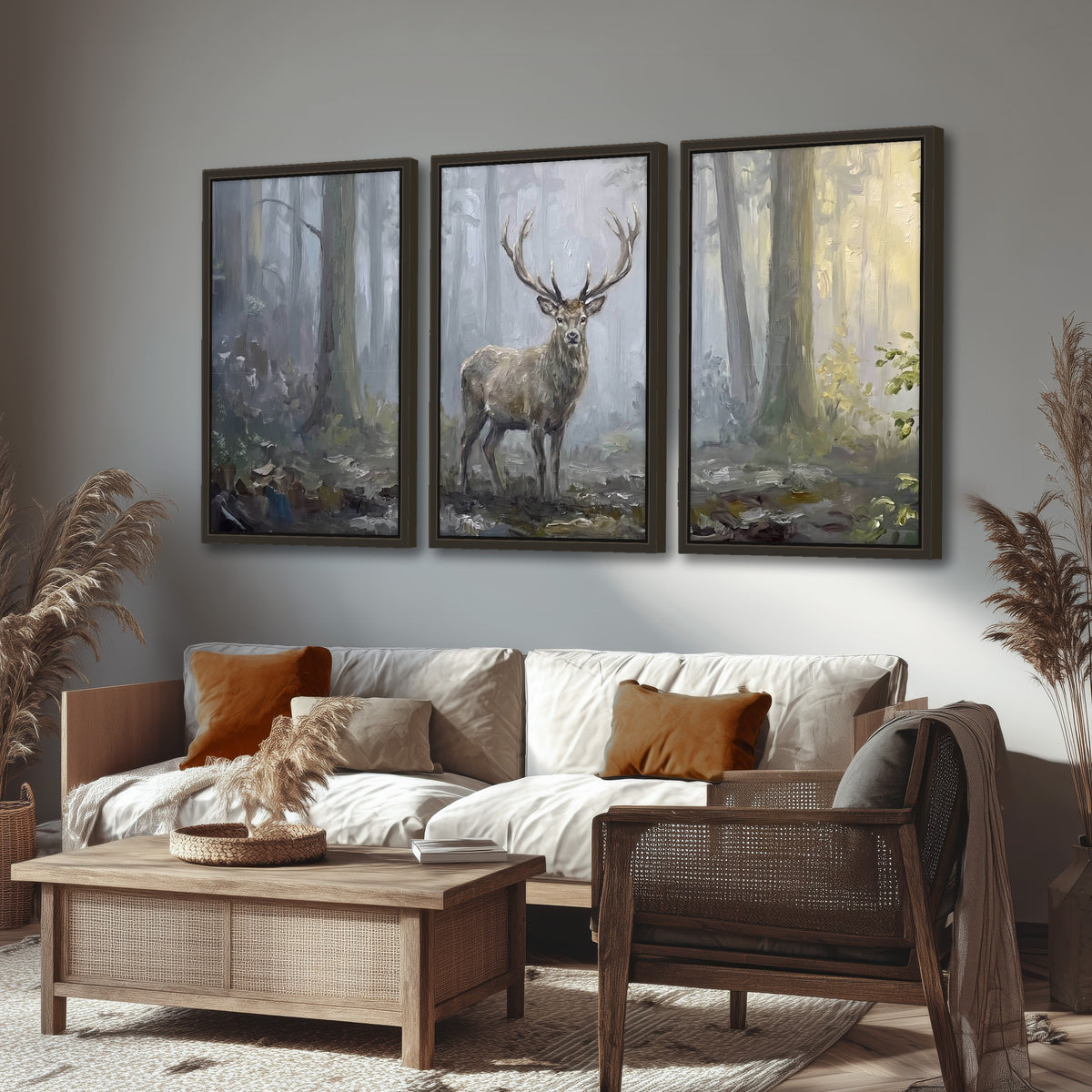 Stag in misty forest painting 3 piece framed canvas in a rustic living room