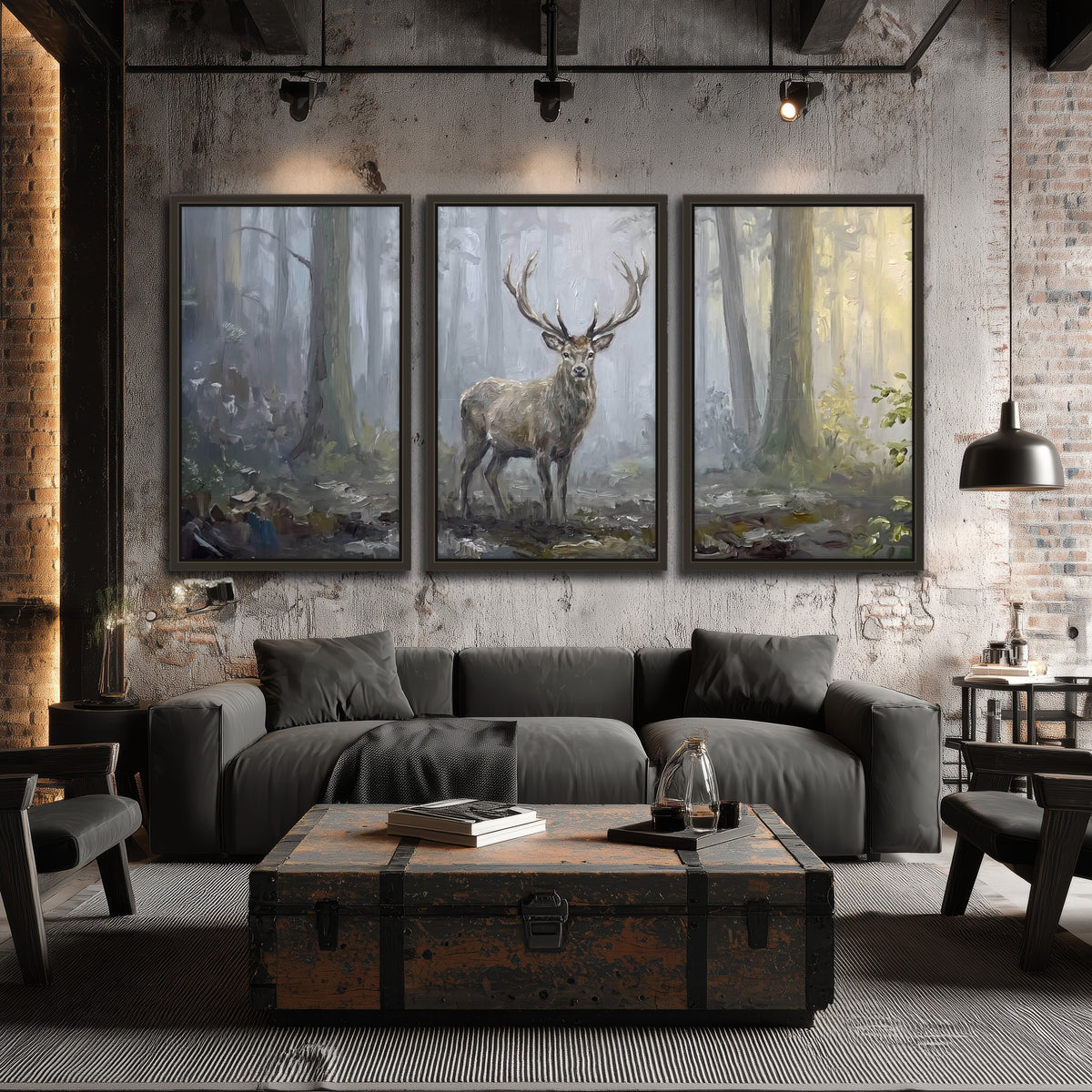 Stag in misty forest painting 3 piece framed canvas in an industrial loft