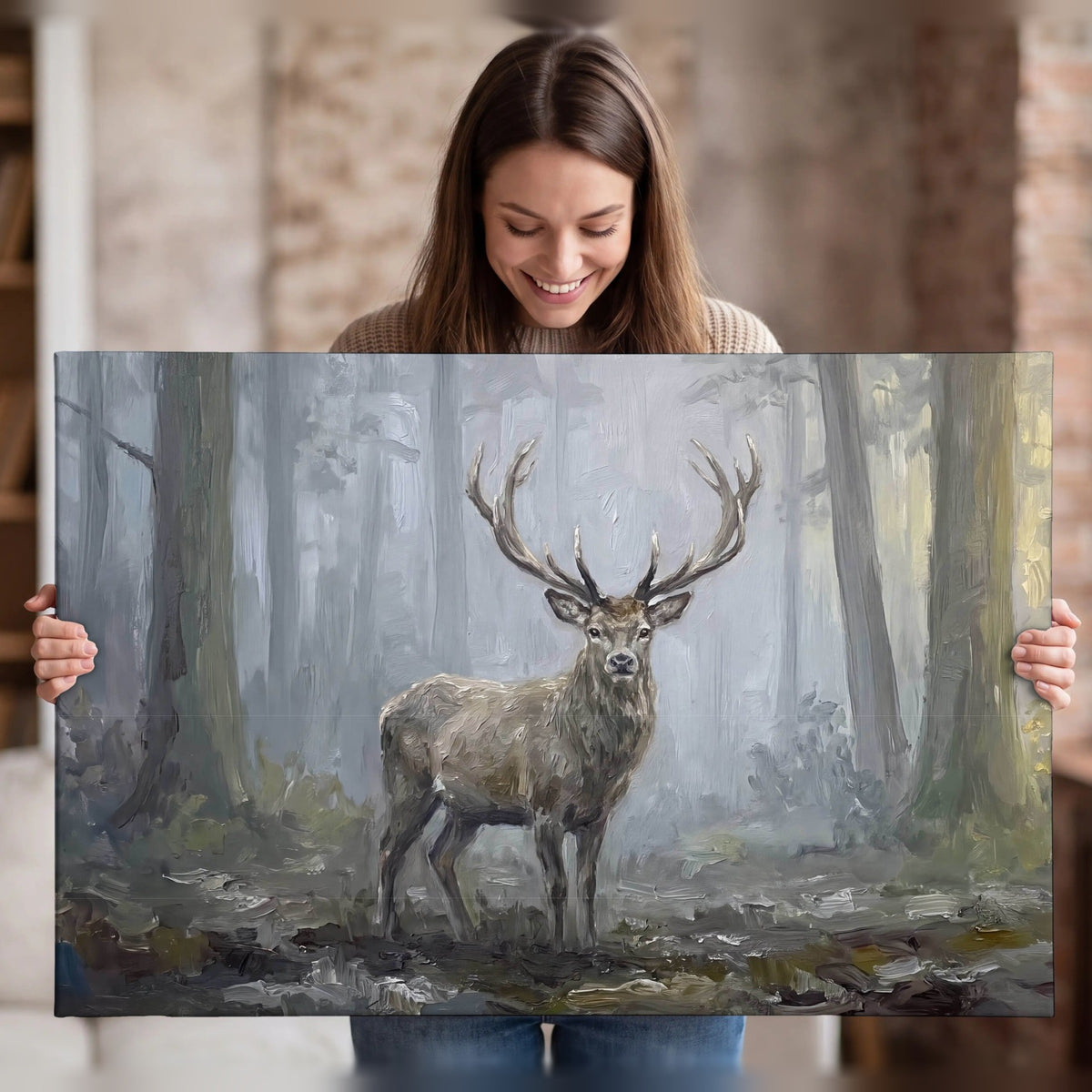 Stag in misty forest painting canvas wall art held in hands