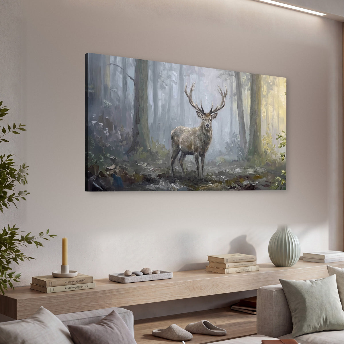 Stag in misty forest painting canvas wall art in a living room above a console