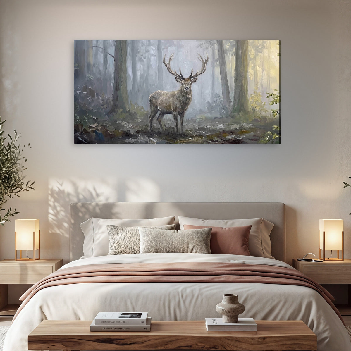 Stag in misty forest painting canvas wall art in a bedroom above the bed