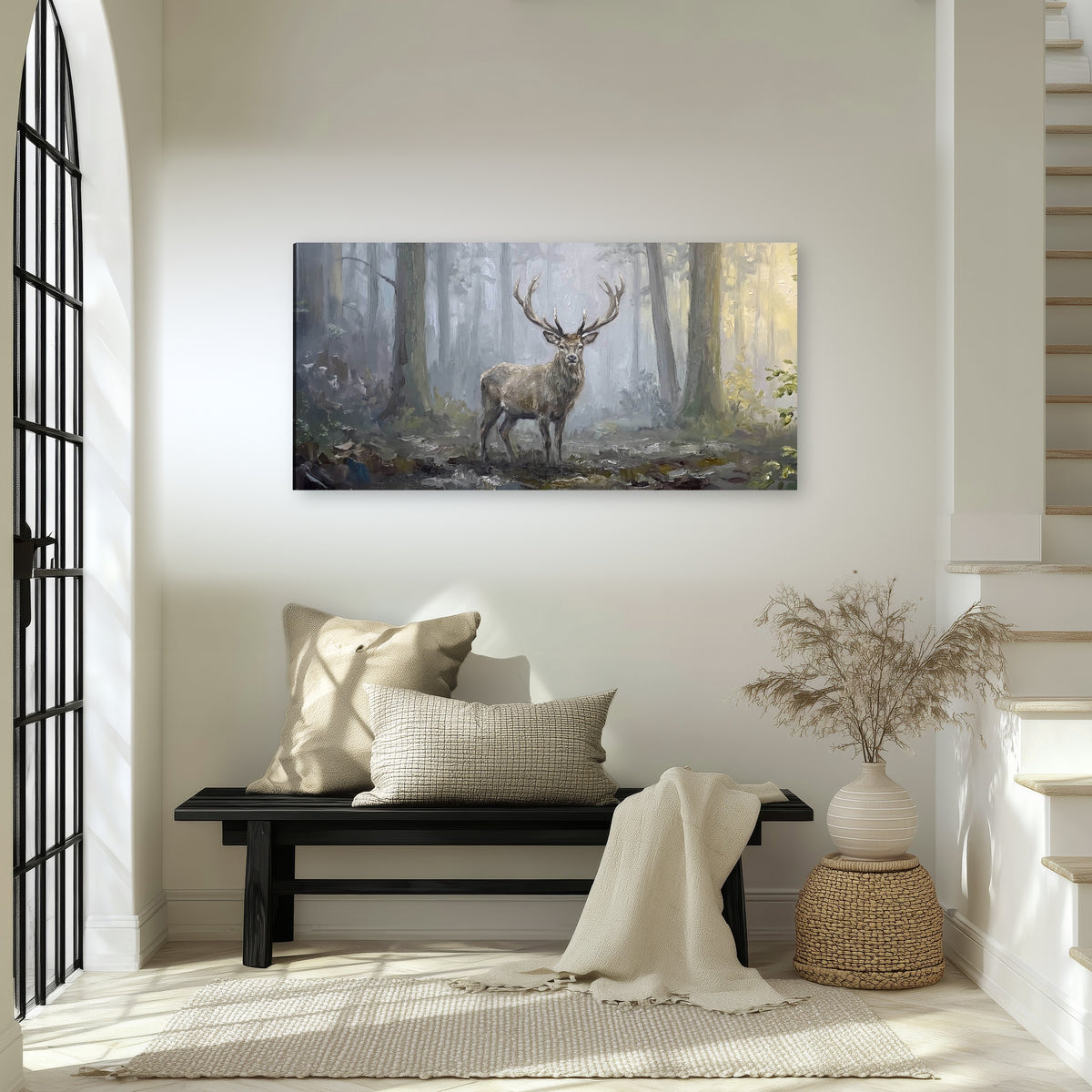 Stag in misty forest painting canvas wall art in an entryway above a bench