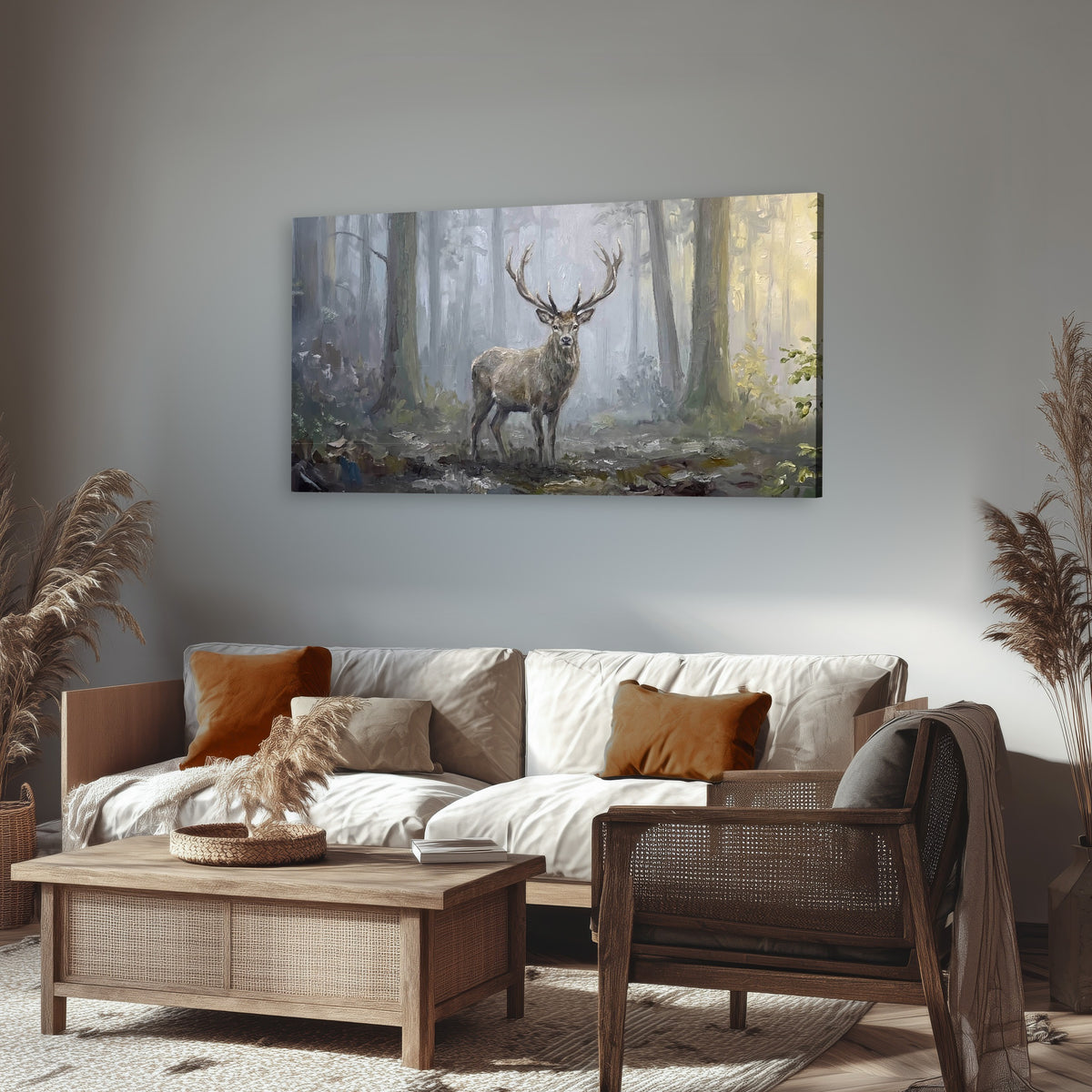 Stag in misty forest painting canvas wall art in a rustic living room