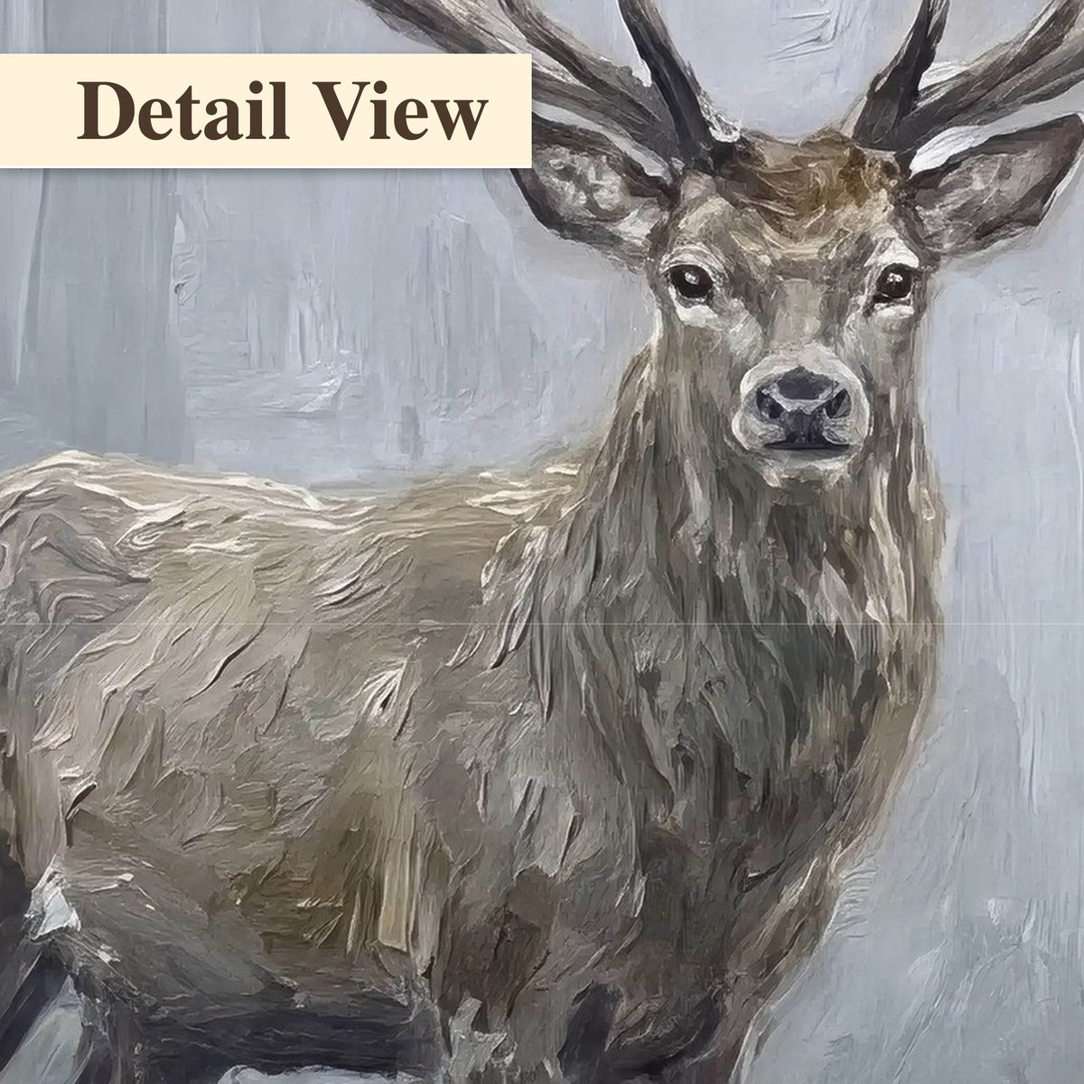 Stag in misty forest painting detail close-up