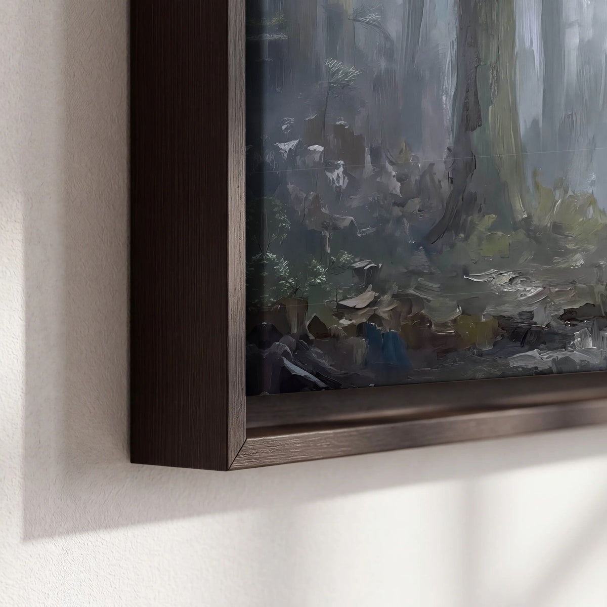 Stag in misty forest painting framed canvas close-up showing the floating frame