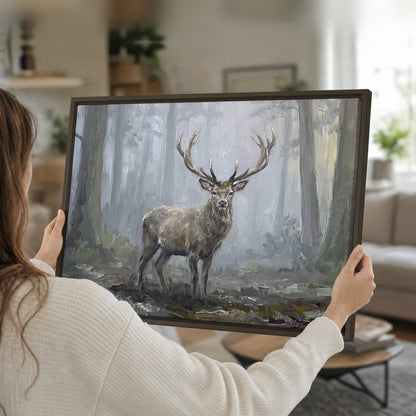 Stag in misty forest painting framed canvas held in hands