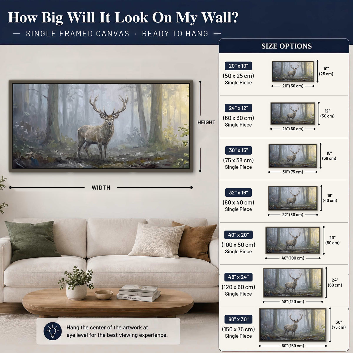 Stag in misty forest painting framed canvas wall art size guide above a sofa