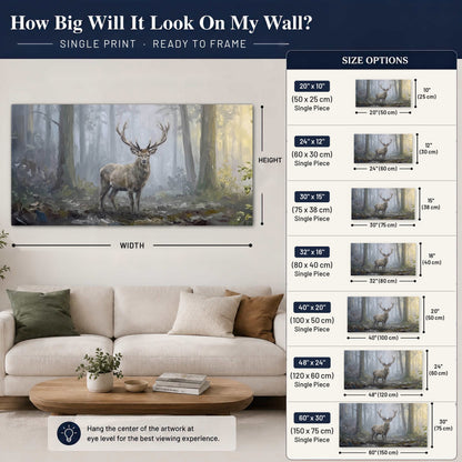 Stag in misty forest painting poster print size guide above a sofa