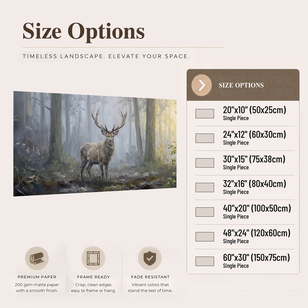 Stag in misty forest painting poster print size options