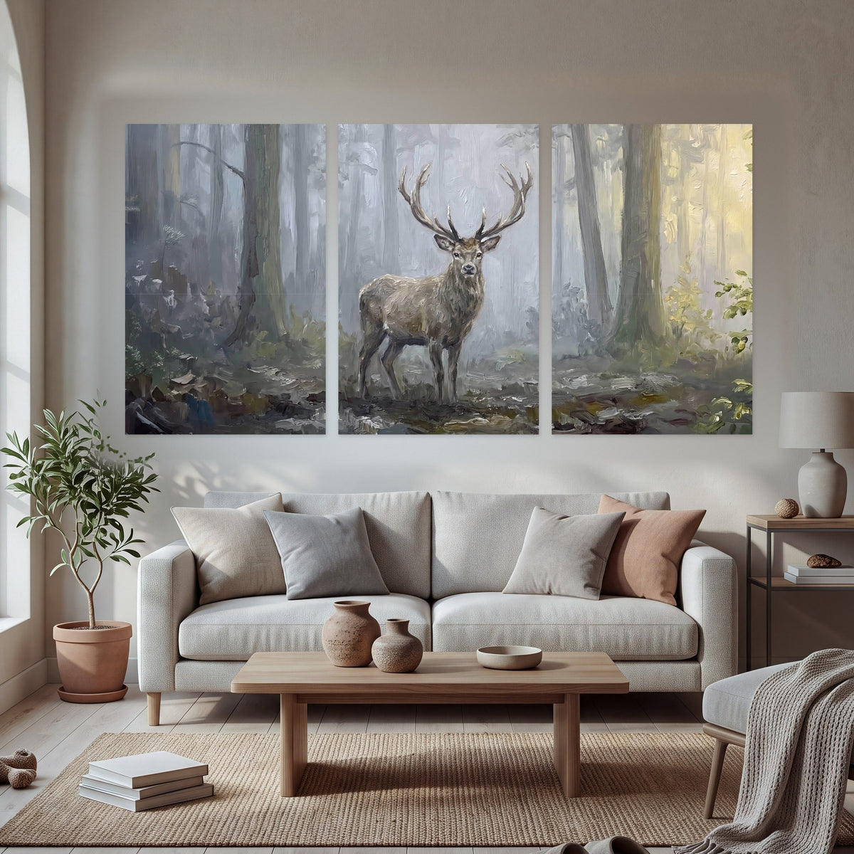Stag in misty forest painting set of 3 poster prints in a bright living room