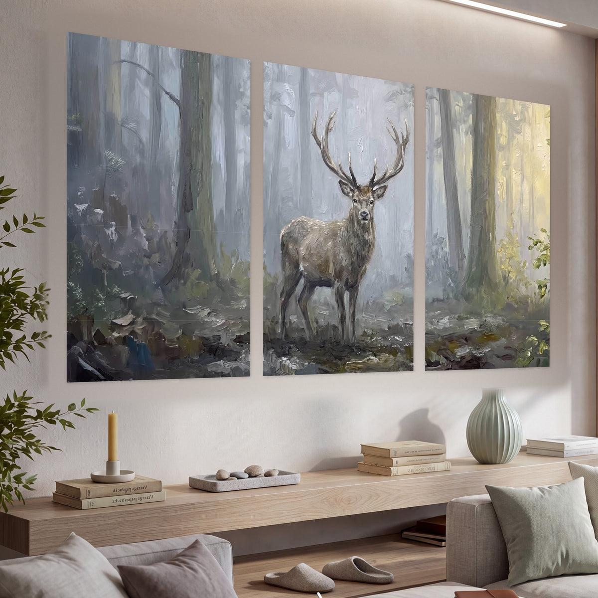 Stag in misty forest painting set of 3 poster prints in a living room above a console