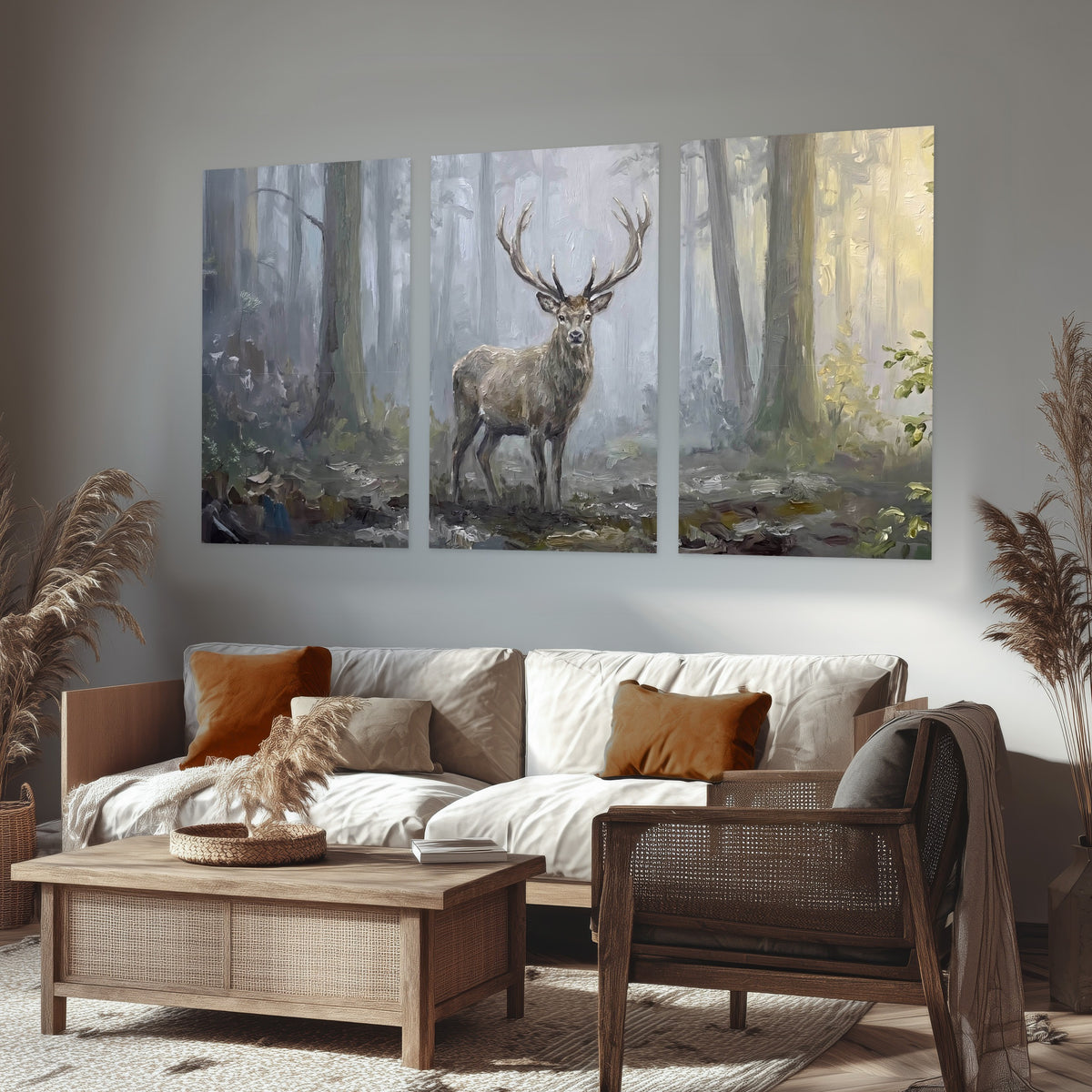Stag in misty forest painting set of 3 poster prints in a rustic living room
