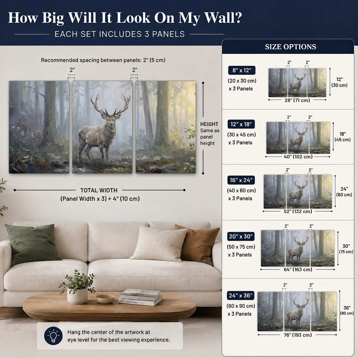 Stag in misty forest painting set of 3 poster prints size guide above a sofa