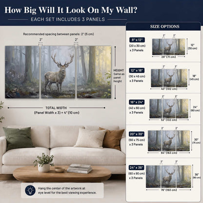 Stag in misty forest painting set of 3 poster prints size guide above a sofa