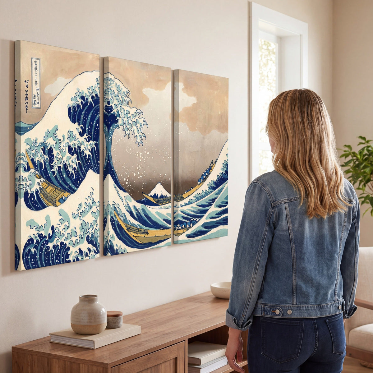 The Great Wave Japanese style painting 3 piece canvas wall art in a living room