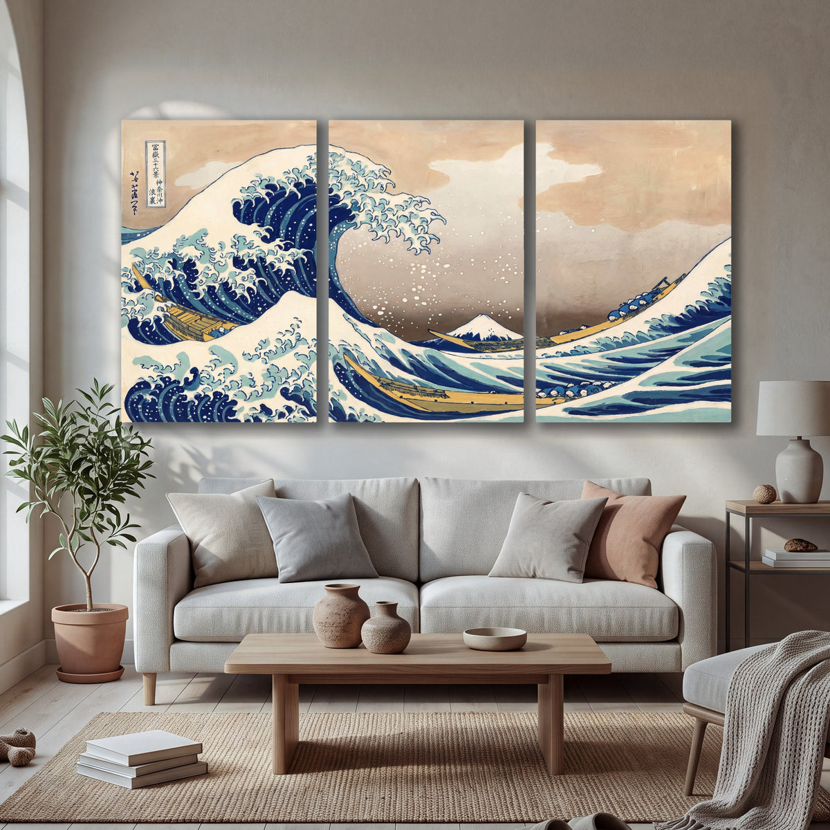 The Great Wave Japanese style painting 3 piece canvas wall art in a bright living room