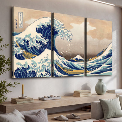 The Great Wave Japanese style painting 3 piece canvas wall art in a living room above a console