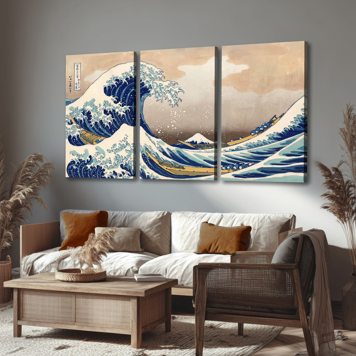 The Great Wave Japanese style painting 3 piece canvas wall art in a rustic living room