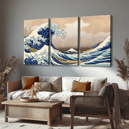 The Great Wave Japanese style painting 3 piece canvas wall art in a rustic living room